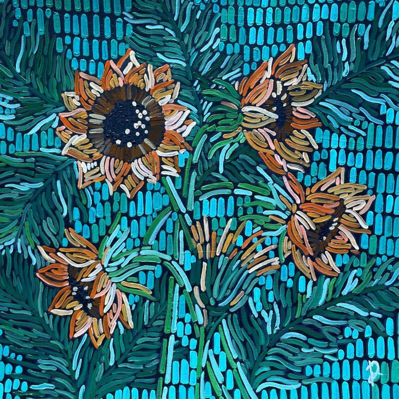 Painting Sunflowers on turquoise by Dmitrieva Daria | Painting Impressionism Acrylic Landscapes, Nature