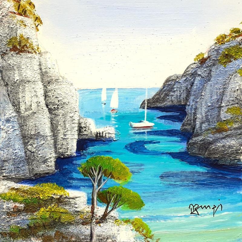 Painting AQ34 CALANQUE AUX PINS by Burgi Roger | Painting Figurative Acrylic Landscapes, Marine, Nature