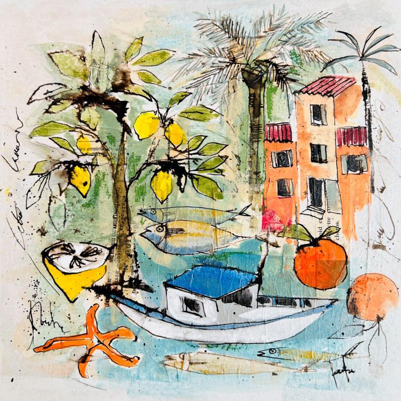 Gemälde Peche du petit matin von Colombo Cécile | Gemälde Figurativ Acryl, Aquarell, Collage, Pastell, Tinte Landschaften, Marine, Natur