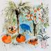 Gemälde Oranges et l' oiseau bleu von Colombo Cécile | Gemälde Figurativ Natur Alltagsszenen Stillleben Aquarell Acryl Collage Tinte Pastell