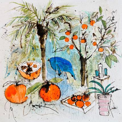 Gemälde Oranges et l' oiseau bleu von Colombo Cécile | Gemälde Figurativ Acryl, Aquarell, Collage, Pastell, Tinte Alltagsszenen, Natur, Stillleben