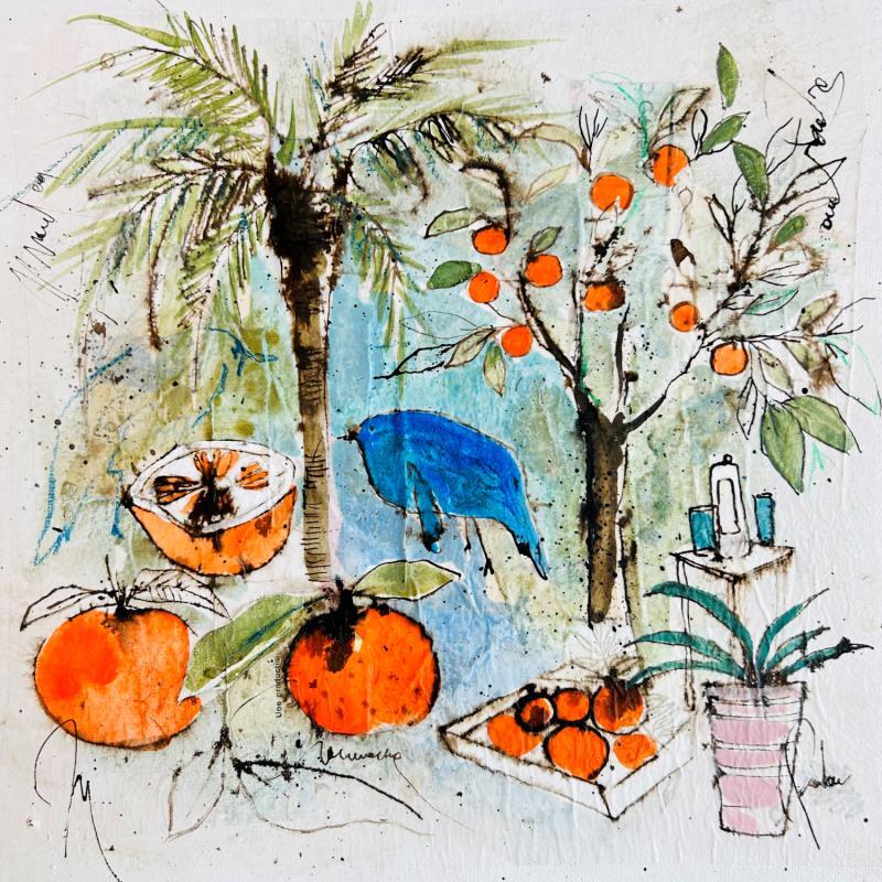 Painting Oranges et l' oiseau bleu by Colombo Cécile | Painting Figurative Acrylic, Gluing, Ink, Pastel, Watercolor Life style, Nature, Still-life