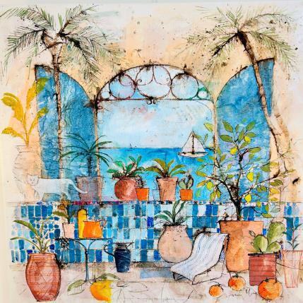 Painting Voyage dans l' azur by Colombo Cécile | Painting Figurative Acrylic, Gluing, Ink, Pastel, Watercolor Landscapes, Life style, Nature
