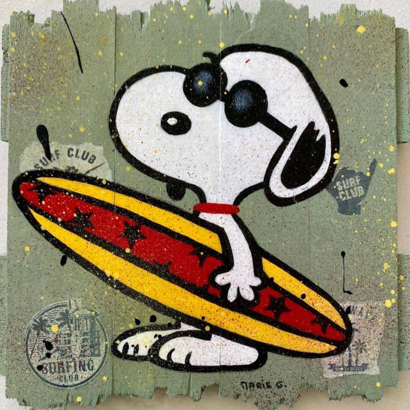 Gemälde Snoopy Surf von Marie G.  | Gemälde Pop-Art Pop-Ikonen Holz Acryl Collage