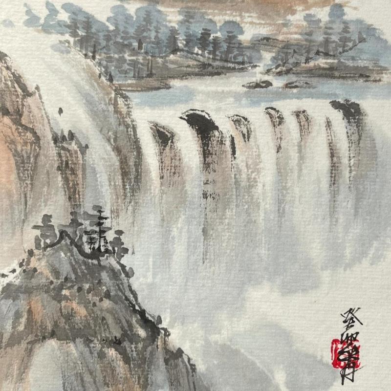 Painting High Waterfall by Yu Huan Huan | Painting Figurative Landscapes Ink