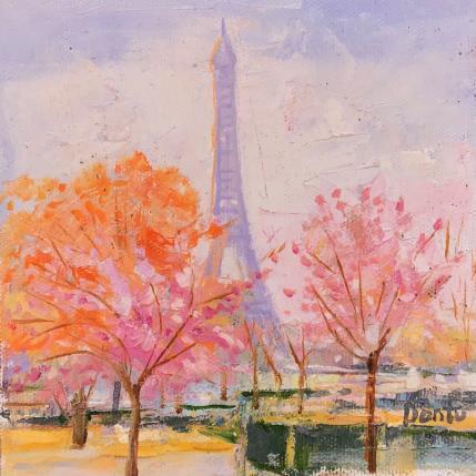 Peinture Les arbres roses vers la Tour Eiffel  par Dontu Grigore | Tableau Figuratif Huile Urbain