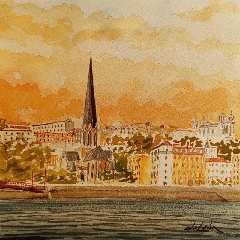 Painting Lyon avec ciel orange  by De León Lévi Marcelo | Painting Figurative Watercolor Pop icons, Urban