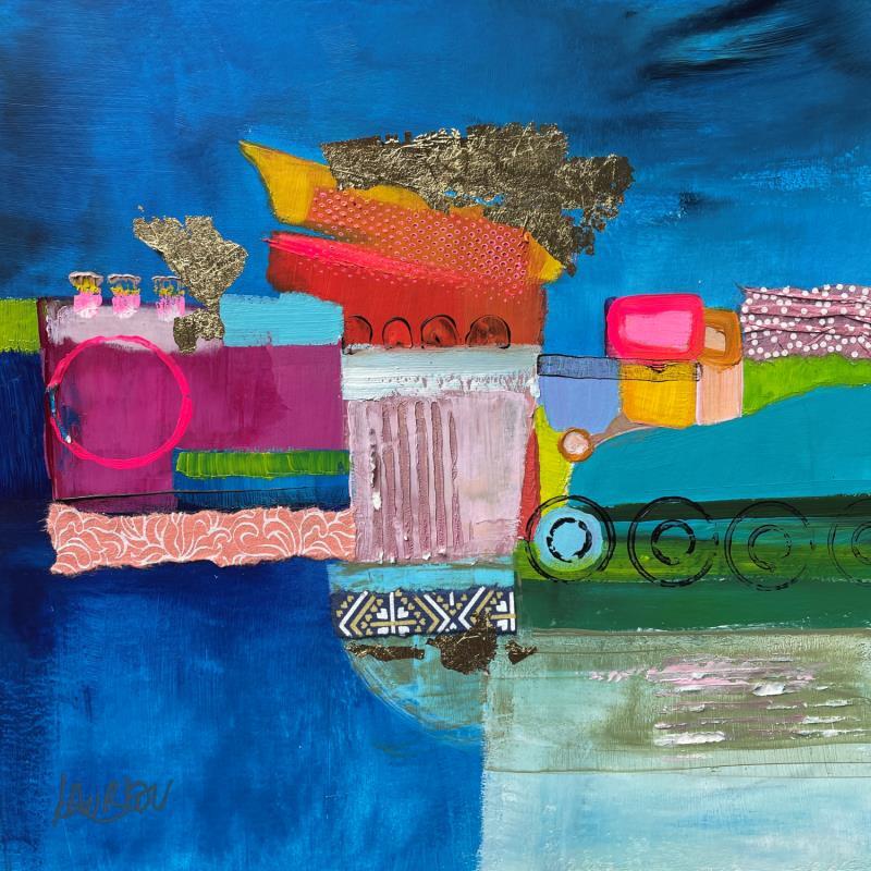 Painting Le village des roues by Lau Blou | Painting Abstract Acrylic, Gluing, Gold leaf, Paper Landscapes, Pop icons