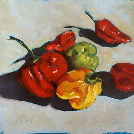 Painting les poivrons multicolores by Morales Géraldine | Painting Figurative Oil Still-life