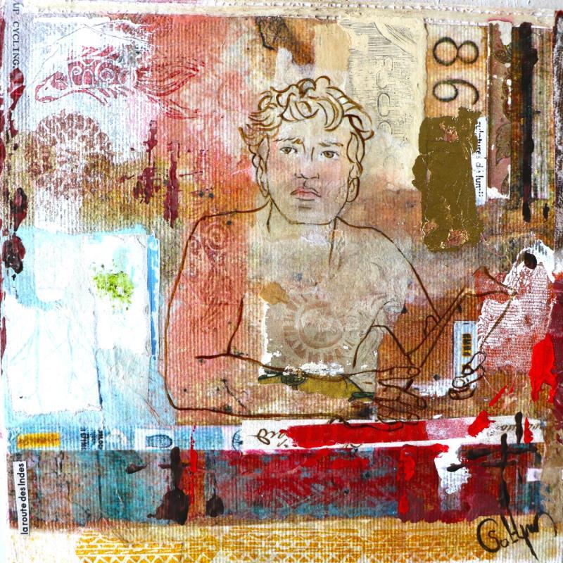 Painting F2 CONTRE COURANT 10029-1558-20240214-6 by Sablyne | Painting Figurative Acrylic, Cardboard, Gluing, Gold leaf, Ink, Paper, Pastel, Pigments, Upcycling, Wood Life style, Pop icons