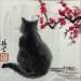 Gemälde Chat et fleurs von Tayun | Gemälde Figurativ Tiere Tinte