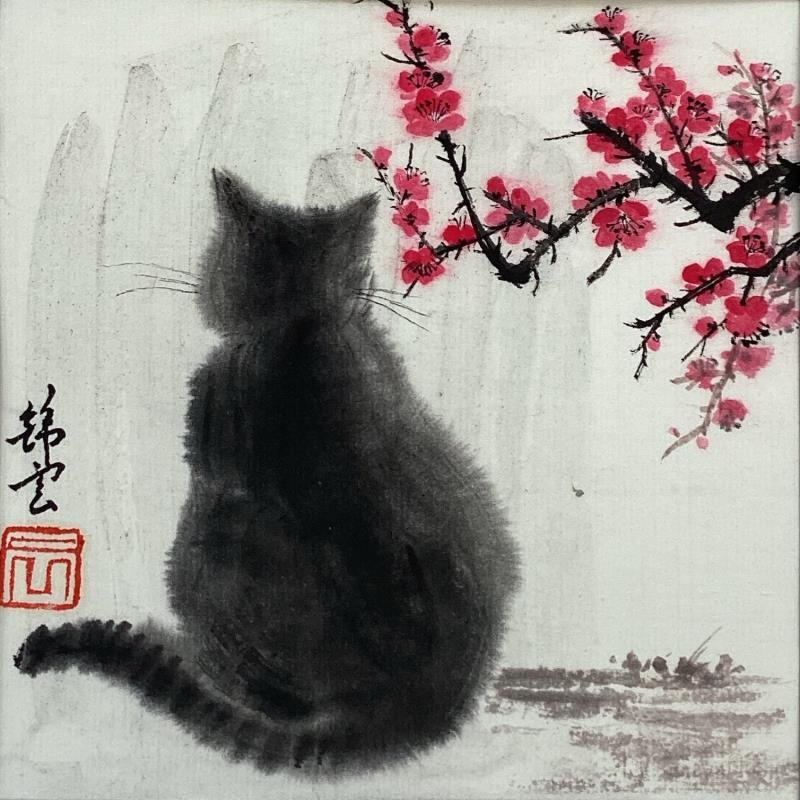 Gemälde Chat et fleurs von Tayun | Gemälde Figurativ Tiere Tinte