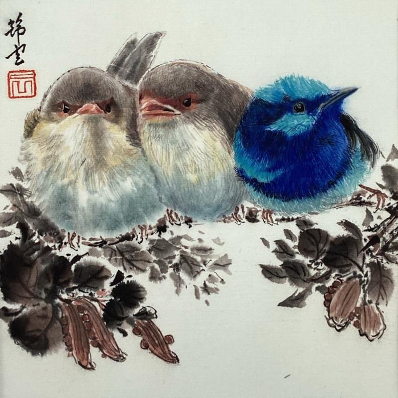 Gemälde Mérions superbes von Tayun | Gemälde Figurativ Tiere Aquarell Tinte
