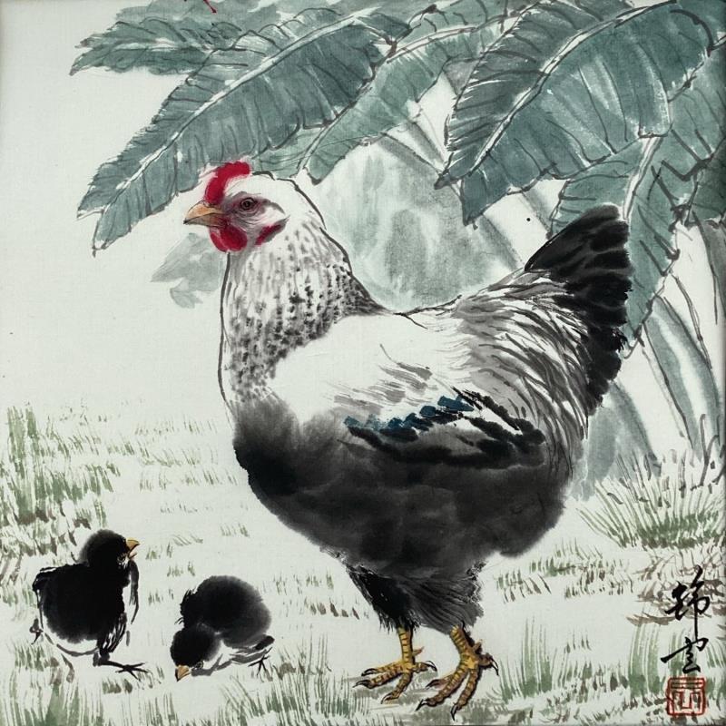 Peinture Poule et poussins par Tayun | Tableau Figuratif Animaux Encre