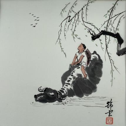 Peinture Enfant et buffle par Tayun | Tableau Figuratif Encre Animaux, Nature