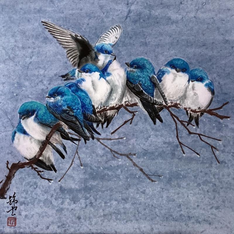 Painting Hirondelles bicolores by Tayun | Painting Figurative Animals Watercolor Ink