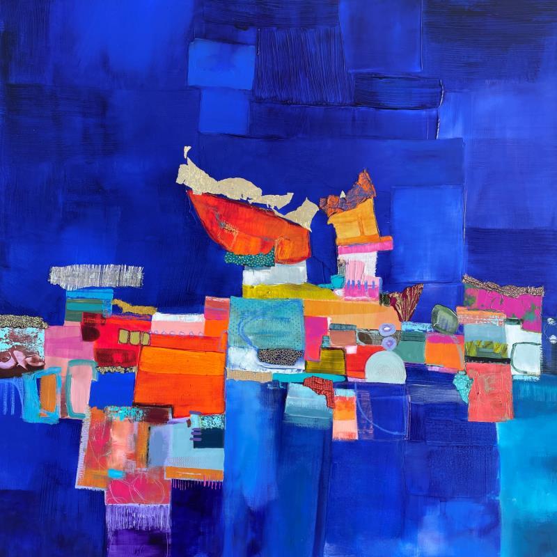 Painting La cabane bateau by Lau Blou | Painting Abstract Acrylic, Cardboard, Gluing, Gold leaf, Paper, Pastel Landscapes
