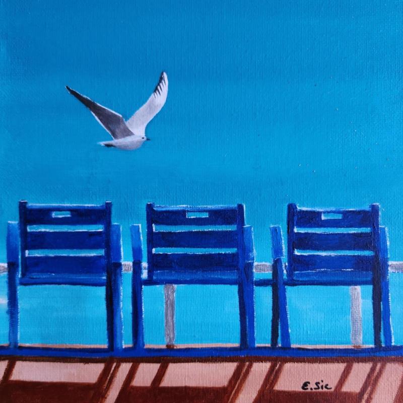Painting Chaises bleues avec mouette by Sie Evelyne | Painting Figurative Life style Acrylic