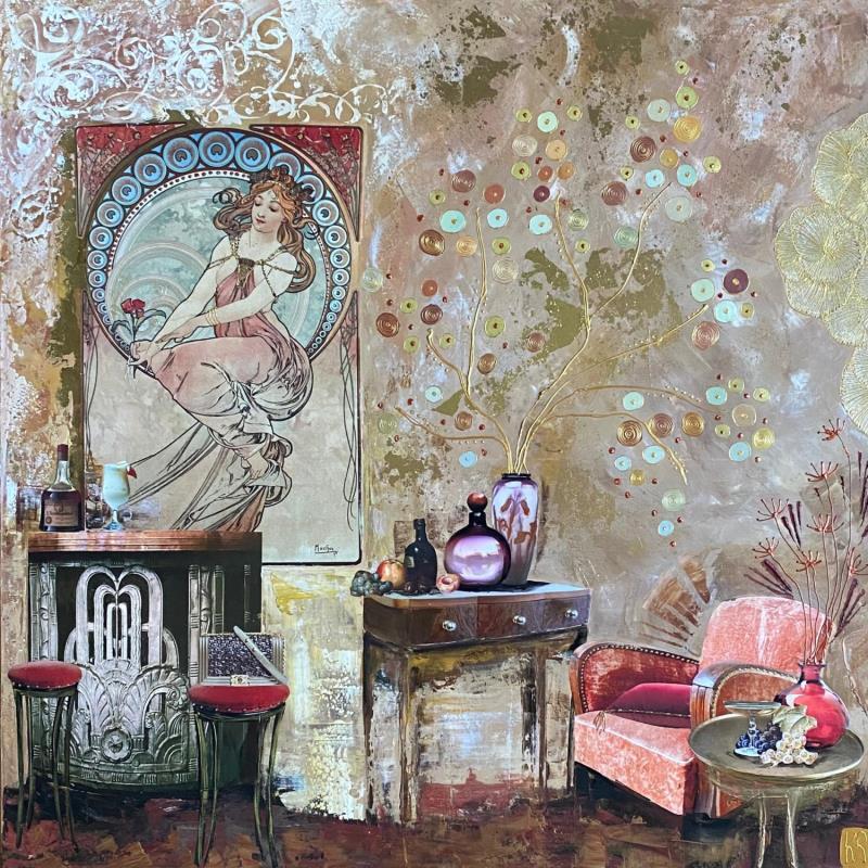 Gemälde Chiara  von Romanelli Karine | Gemälde Figurativ Alltagsszenen Acryl Collage Posca Pastell Blattgold Papier