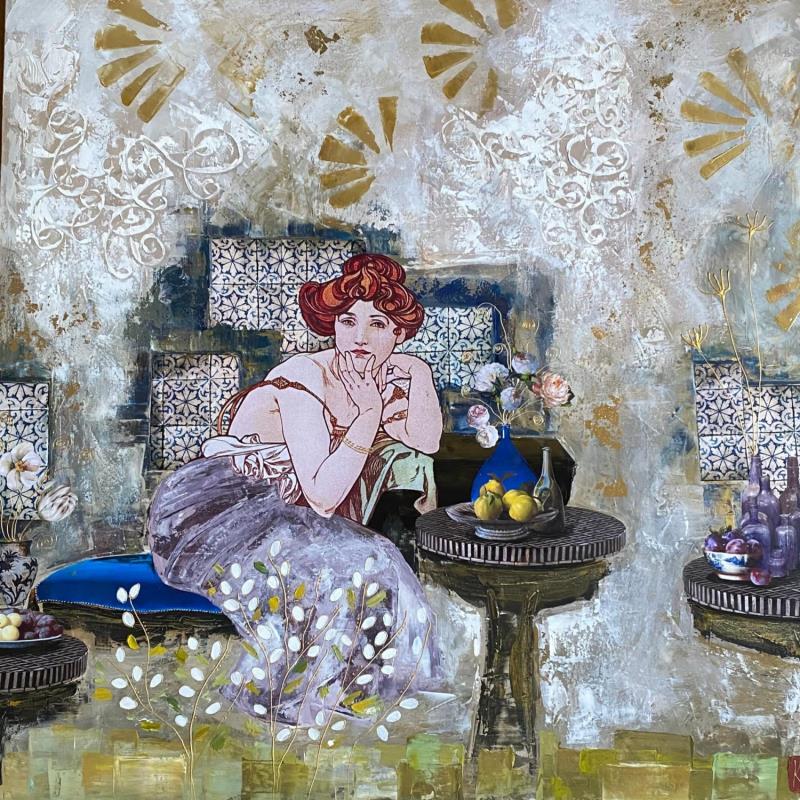Gemälde Le goût de tes lèvres  von Romanelli Karine | Gemälde Figurativ Porträt Alltagsszenen Acryl Collage Posca Pastell Blattgold Papier