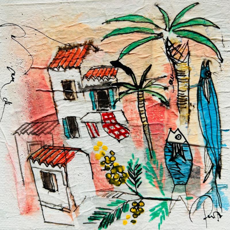 Gemälde Mimosa von Colombo Cécile | Gemälde Naive Kunst Landschaften Aquarell Acryl Collage Tinte Pastell