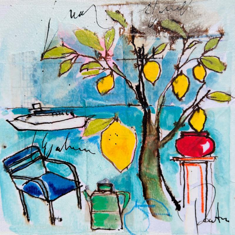 Painting Sous les citronniers by Colombo Cécile | Painting Naive art Landscapes Nature Life style Watercolor Acrylic Gluing Ink Pastel