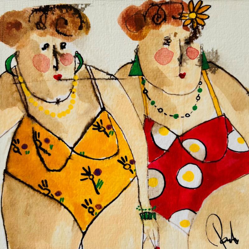Painting Marcelle et Yvonne by Colombo Cécile | Painting Naive art Portrait Watercolor Acrylic Gluing Ink Pastel