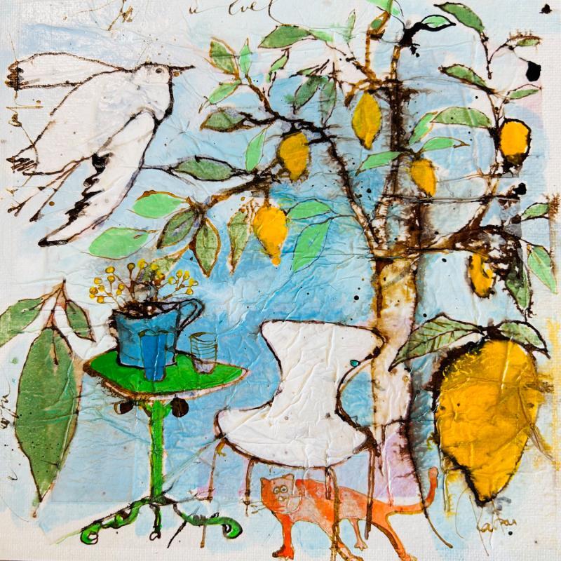 Peinture Chat caché par Colombo Cécile | Tableau Art naïf Acrylique, Aquarelle, Collage, Encre, Pastel Animaux