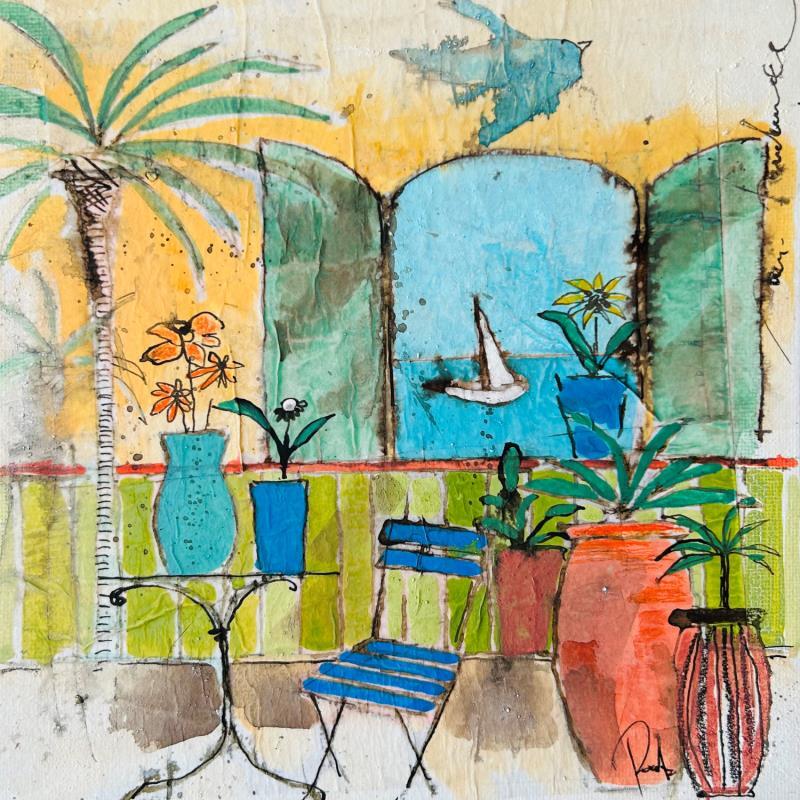 Gemälde Terrasse intérieure von Colombo Cécile | Gemälde Naive Kunst Landschaften Alltagsszenen Aquarell Acryl Collage Tinte Pastell