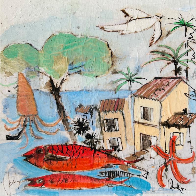 Gemälde Oursins et rougets von Colombo Cécile | Gemälde Naive Kunst Landschaften Alltagsszenen Aquarell Acryl Collage Tinte Pastell