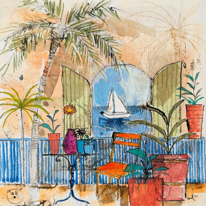 Painting Voilier sur Méditerranée by Colombo Cécile | Painting Naive art Acrylic, Gluing, Ink, Pastel, Watercolor Landscapes, Life style, Nature