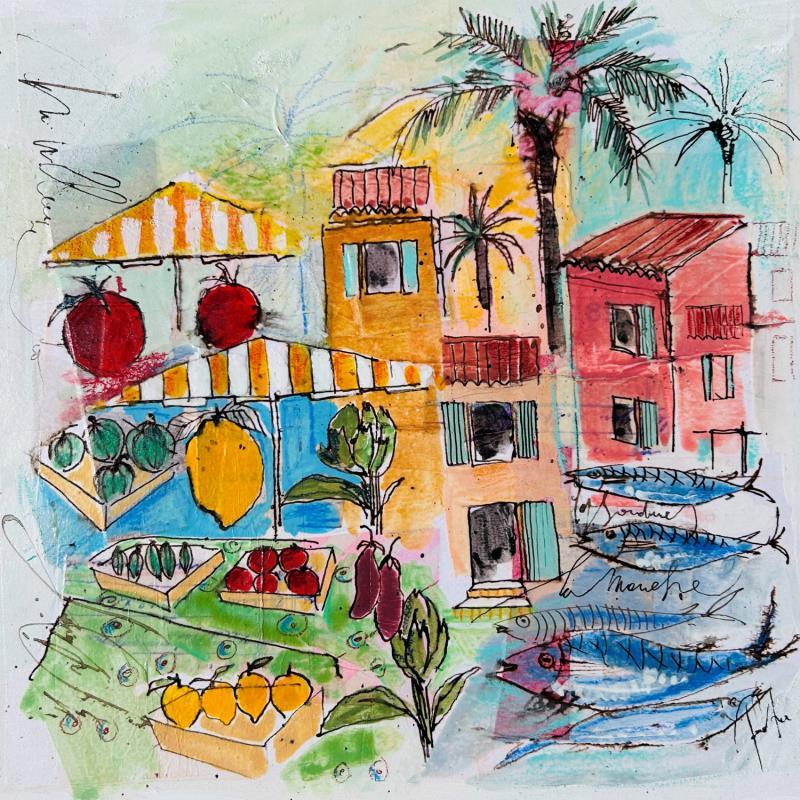 Gemälde Cours Saleya von Colombo Cécile | Gemälde Naive Kunst Acryl, Aquarell, Collage, Pastell, Tinte Landschaften, Natur