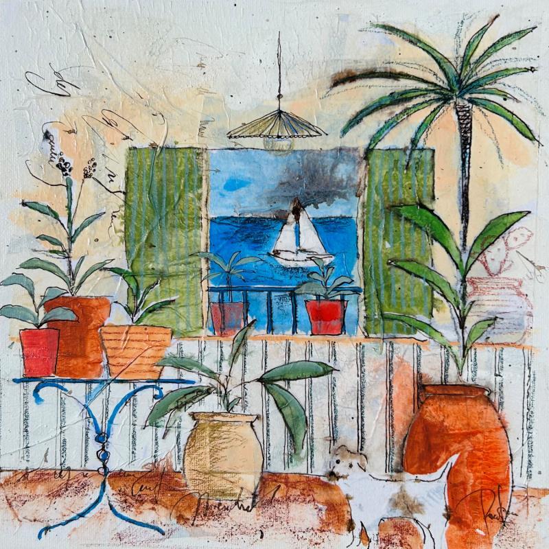 Gemälde Toutou blanc von Colombo Cécile | Gemälde Naive Kunst Acryl, Aquarell, Collage, Pastell, Tinte Landschaften, Natur, Stillleben