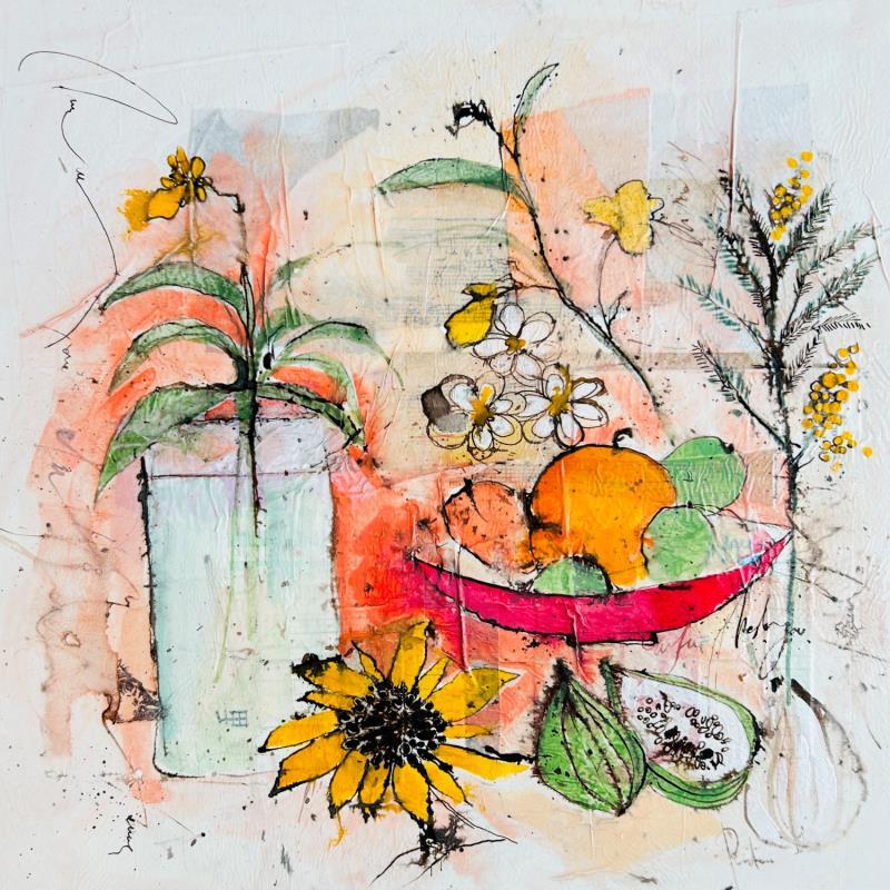 Painting La coupe aux tournesols by Colombo Cécile | Painting Naive art Acrylic, Gluing, Ink, Pastel, Watercolor Still-life