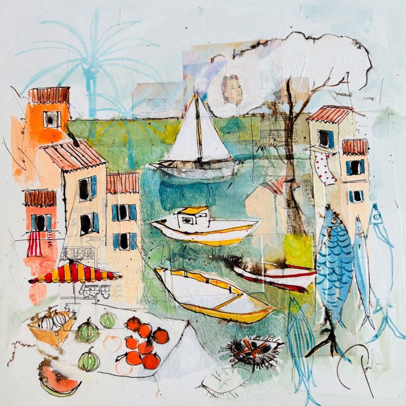 Peinture Jour de marché par Colombo Cécile | Tableau Art naïf Acrylique, Aquarelle, Collage, Encre, Pastel Paysages