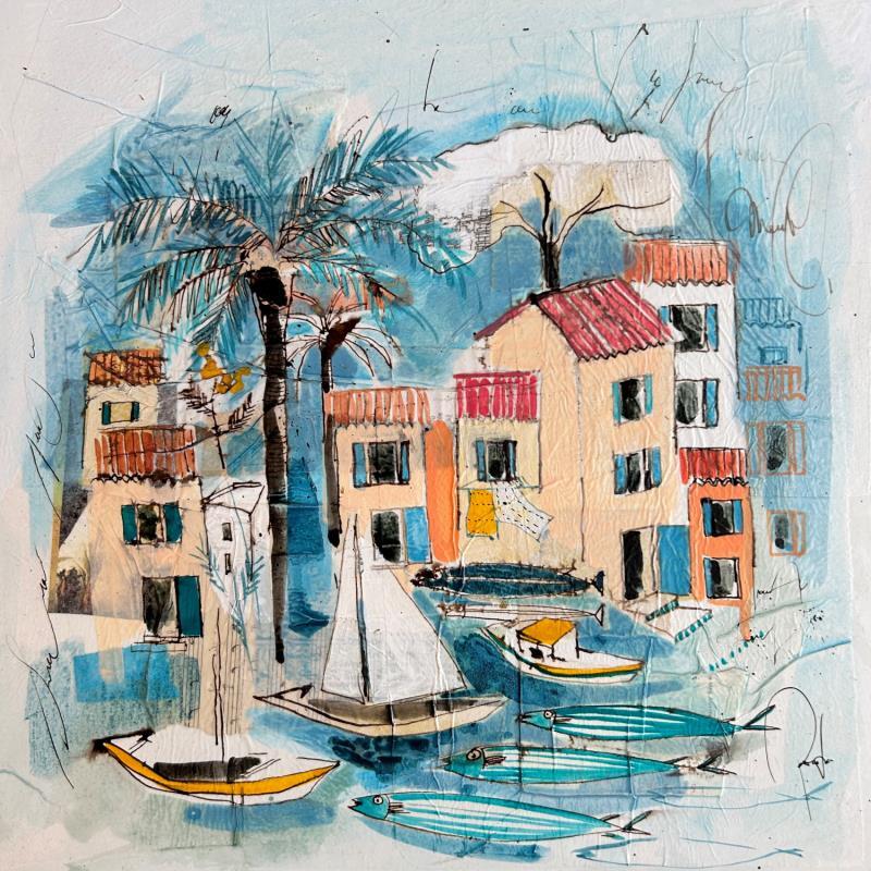 Painting Le bal des sardines bleues by Colombo Cécile | Painting Naive art Acrylic, Gluing, Ink, Pastel, Watercolor, Wood Landscapes