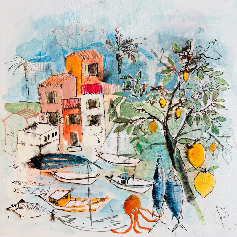 Gemälde Poulpe rigolo von Colombo Cécile | Gemälde Naive Kunst Acryl, Aquarell, Collage, Pastell, Tinte Landschaften, Natur