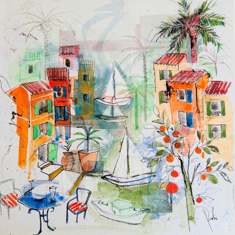 Gemälde Regard vers la Méditerranée von Colombo Cécile | Gemälde Naive Kunst Landschaften Natur Alltagsszenen Aquarell Acryl Collage Tinte Pastell