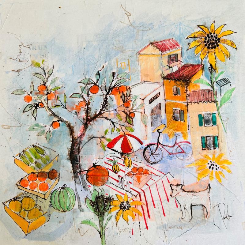 Painting Jour de marché by Colombo Cécile | Painting Naive art Landscapes Nature Life style Watercolor Acrylic Gluing Ink Pastel