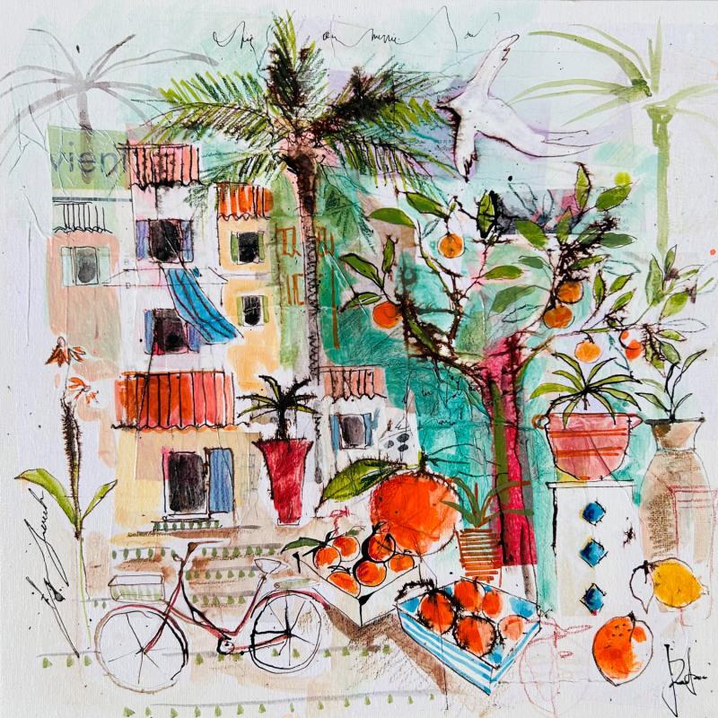 Gemälde Caisses aux oranges von Colombo Cécile | Gemälde Naive Kunst Acryl, Aquarell, Collage, Pastell, Tinte Alltagsszenen, Landschaften, Natur