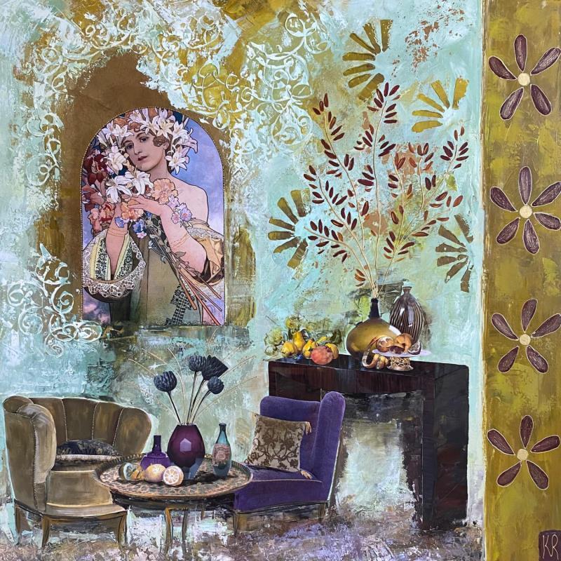 Gemälde L’instant  von Romanelli Karine | Gemälde Figurativ Alltagsszenen Acryl Collage Posca Pastell Blattgold Papier