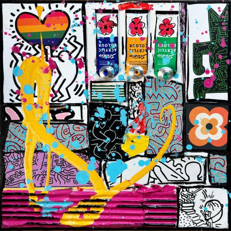 Painting love by K.Haring by Costa Sophie | Painting Pop-art Pop icons Acrylic Gluing Upcycling