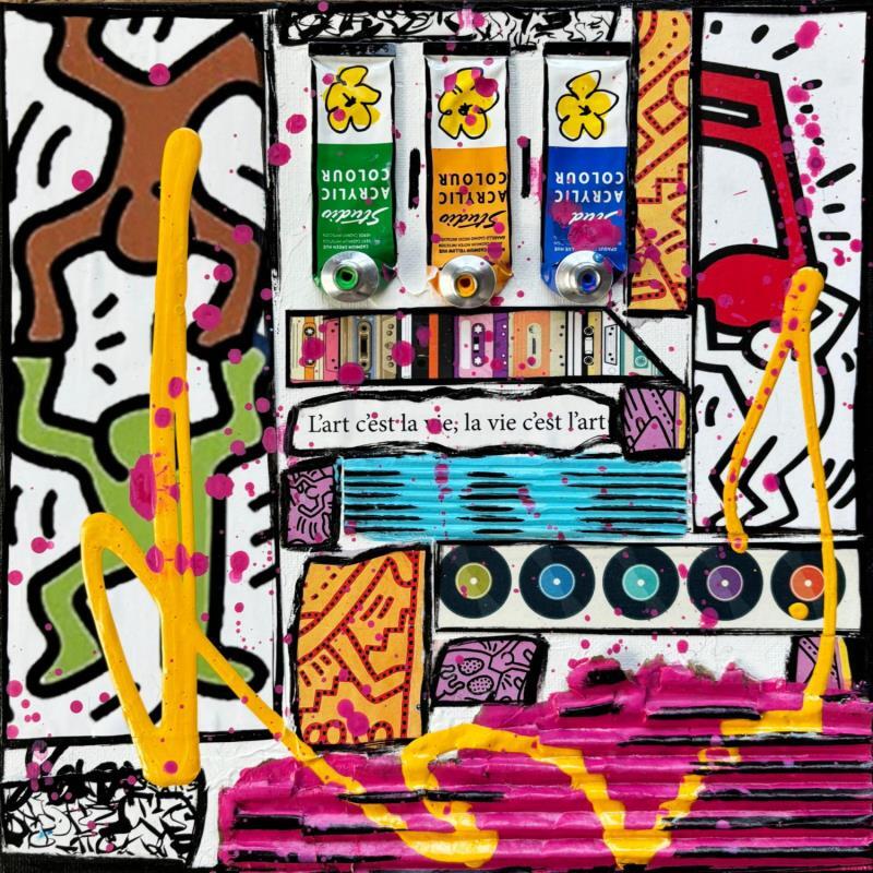 Painting Tribute to K. Haring by Costa Sophie | Painting Pop-art Pop icons Acrylic Gluing Upcycling