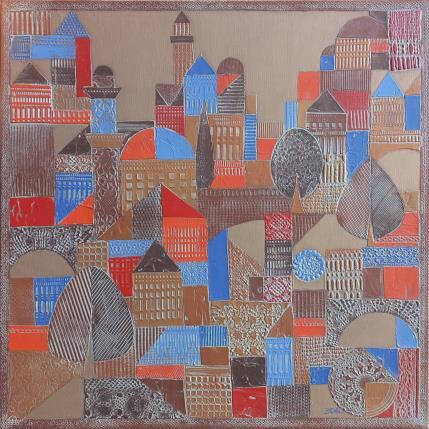 Peinture PAYSAGE URBAIN.  Cuivre, rouge et bleu par Devie Bernard  | Tableau Matiérisme Acrylique Paysages