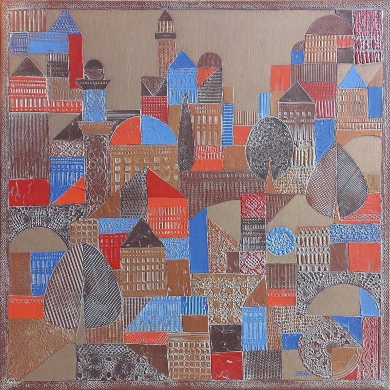 Gemälde PAYSAGE URBAIN.  Cuivre, rouge et bleu von Devie Bernard  | Gemälde Materialismus Landschaften Acryl