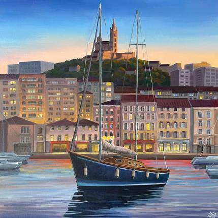 Gemälde  Le port de Marseille entre chien et loup von Alice Roy | Gemälde Figurativ Acryl Architektur, Landschaften, Marine