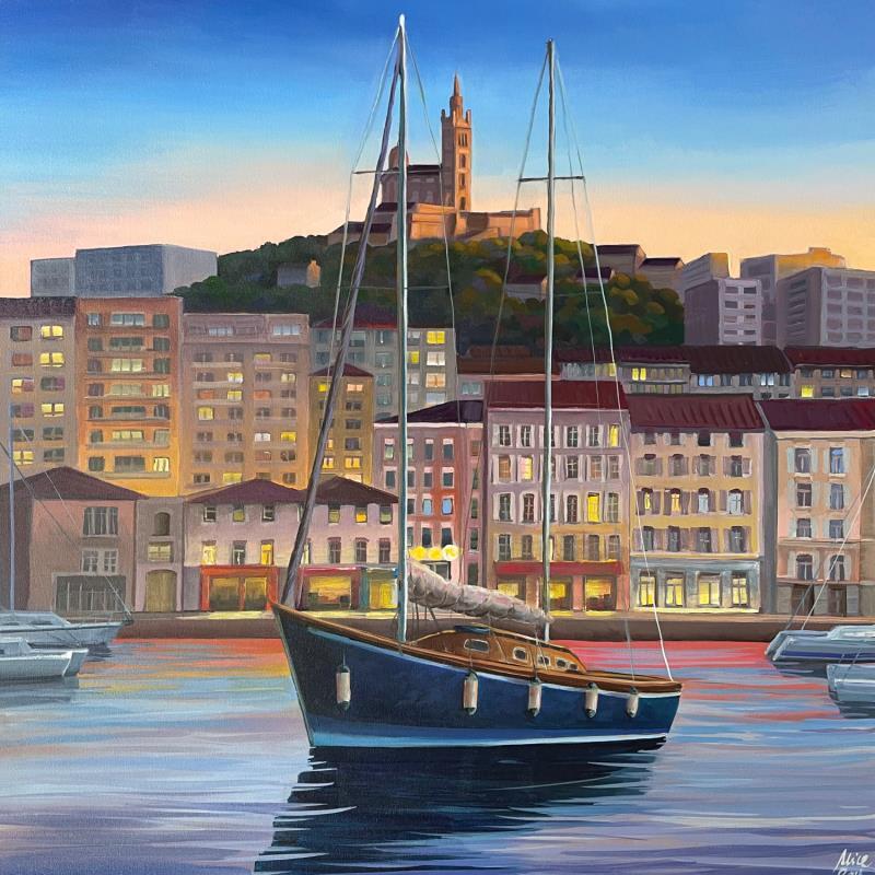 Gemälde  Le port de Marseille entre chien et loup von Alice Roy | Gemälde Figurativ Landschaften Marine Architektur Acryl