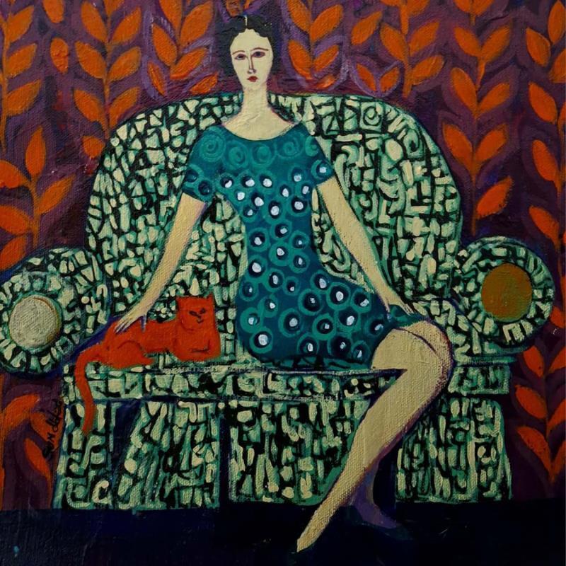 Painting The lady with the red cat by Sundblad Silvina | Painting Figurative Acrylic, Pastel Pop icons