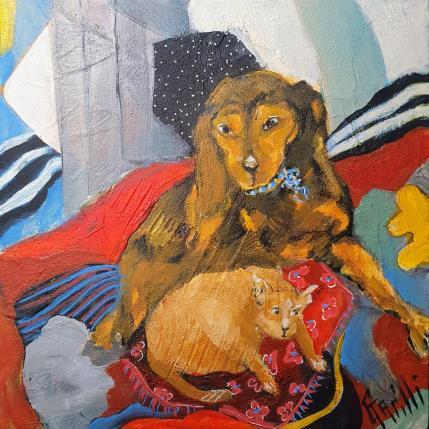 Painting Pause tendresse by Garilli Nicole | Painting Figurative Acrylic Animals, Life style, Pop icons