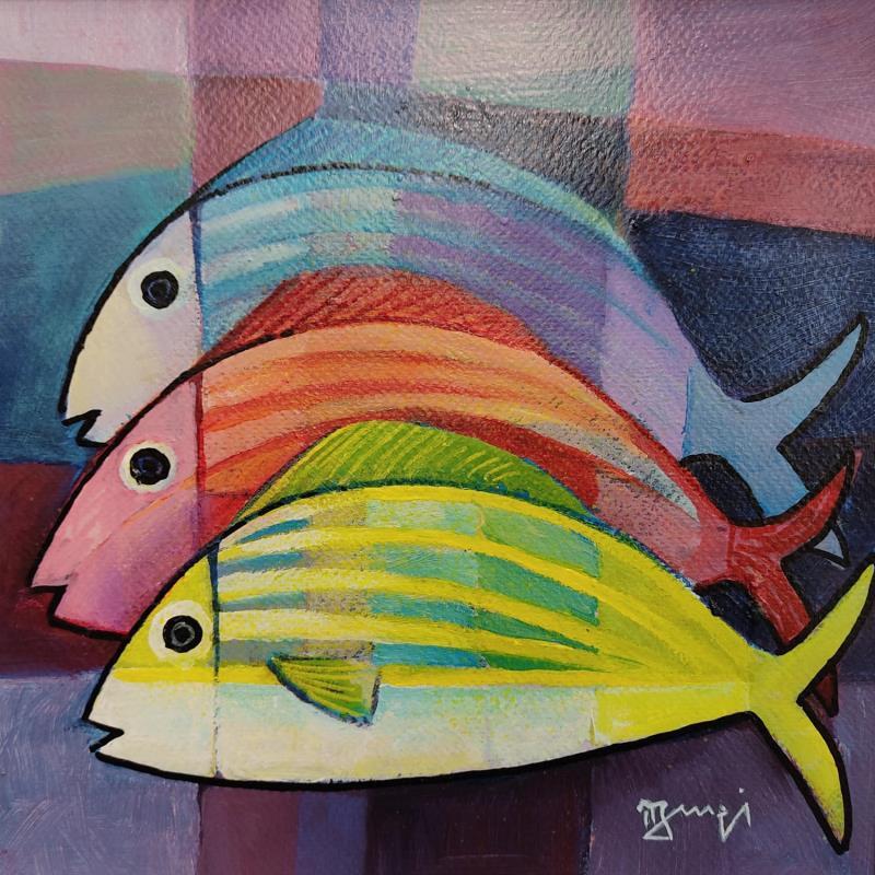 Painting AQ 30 Trois poissons by Burgi Roger | Painting Figurative Still-life Acrylic